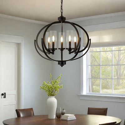 5-Light Black And Golden Chandelier, 24" Farmhouse Dining Room Light Fixture, Adjustable Hanging Ceiling Lantern Pendant Light, with Glass Shade Globe Chandeliers, for Kitchen, Bedroom, Foyer, Chandelier For Dining Room, Chan