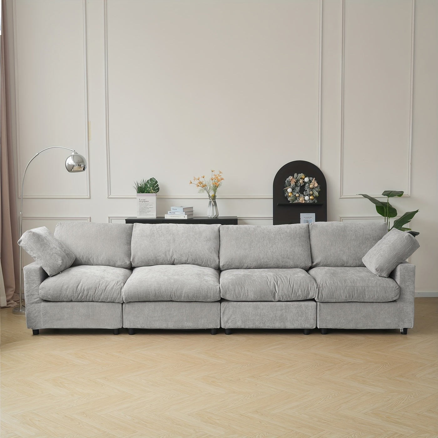 134" Extra Long Modular Sectional Sofa - 4-Seater Convertible L-Shaped Couch with Chaise Lounge, Washable Fabric Upholstery & Plush Cushions, Modern Minimalist Black Sectional Sofa for Large Living Room, Apartment, Open-Conce