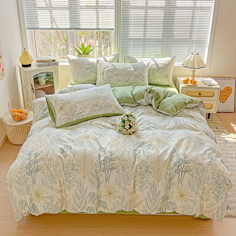 3pcs Korean Style Duvet Cover Set, New American Floral Duvet Cover Set with 1 Single Duvet Cover + 2 Pillowcases, Comfortable and Breathable, Machine Washable, Non-Fading and Deforming, Suitable for All Seasons, Light Beige-F