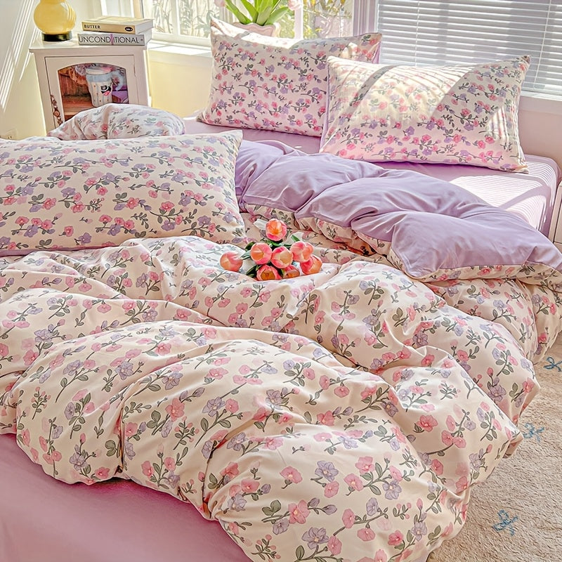 3pcs Korean Style Duvet Cover Set, New American Floral Duvet Cover Set with 1 Single Duvet Cover + 2 Pillowcases, Comfortable and Breathable, Machine Washable, Non-Fading and Deforming, Suitable for All Seasons, Light Beige-F