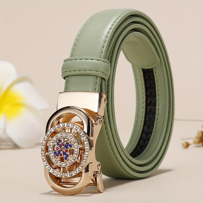Ladies Leather Belt Leather Automatic Button Leather Fashion Korean Version Of The New Green Jeans Belt With White Decoration