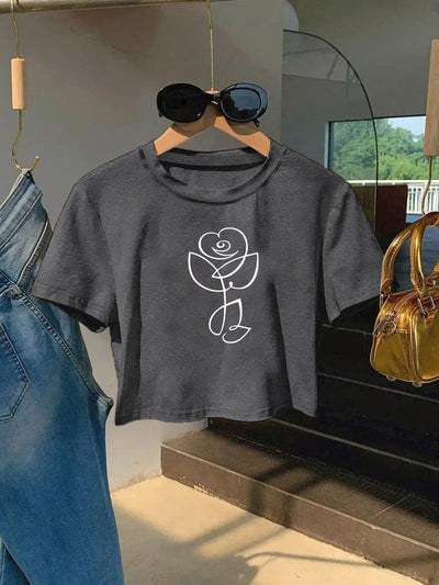 Red Rose Print Cropped T-Shirt