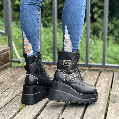 Women'S Chunky Heel Ankle Boots - Black Faux Cover Lace-Up with Metallic Buckle Straps, Round Toe & Thick Sole for Casual & Formal Outfits, High Heel Boots, Formal Footwear, Durable Footwear
