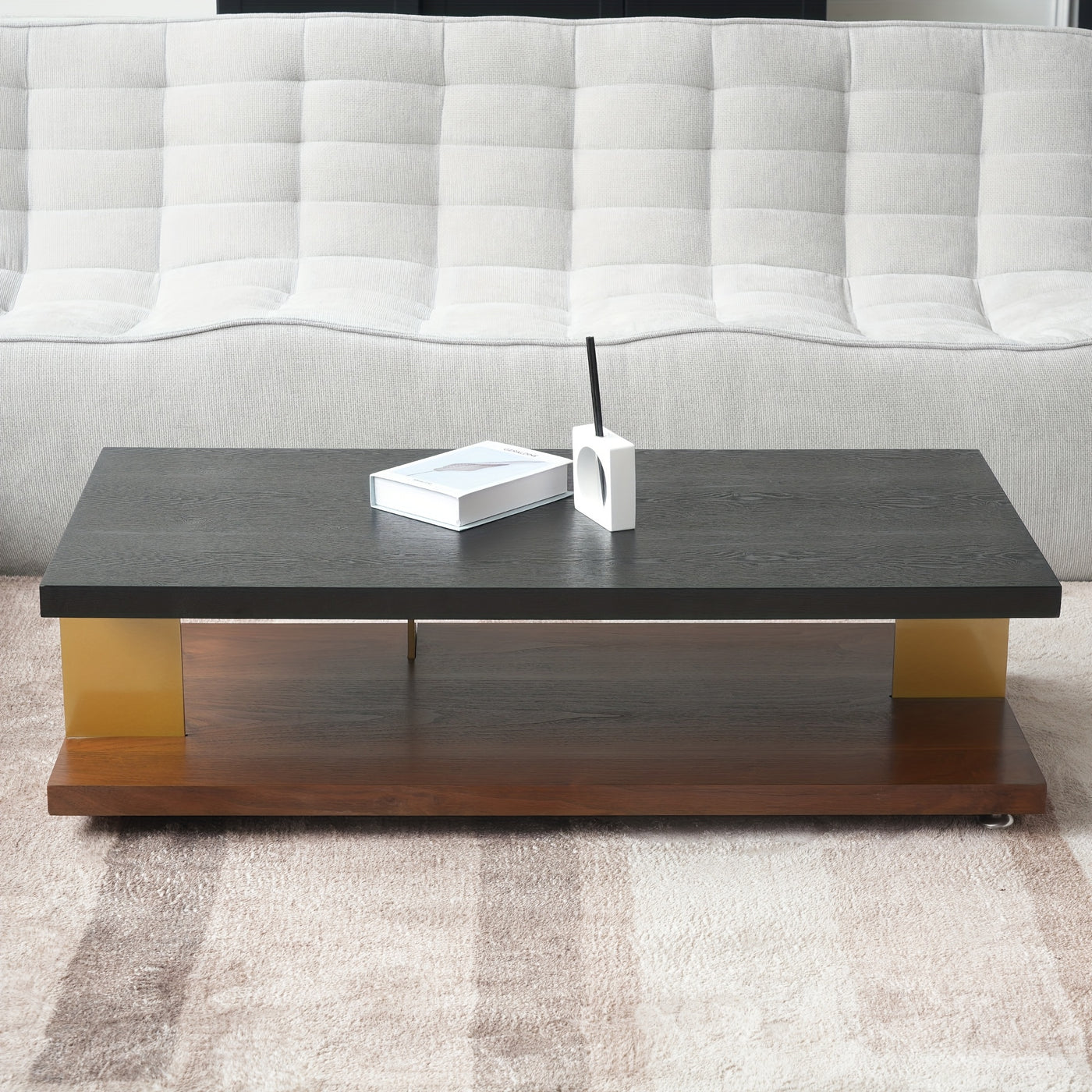 Modern Black Wood Coffee Table with 2-Tier Storage Shelves - Mid-Century Design Center Table for Living Room, Office, or Apartment (47.24" x 15.75" x 13"), Living Room Furniture | Clean Line Furniture | Highdensity Fiberboard