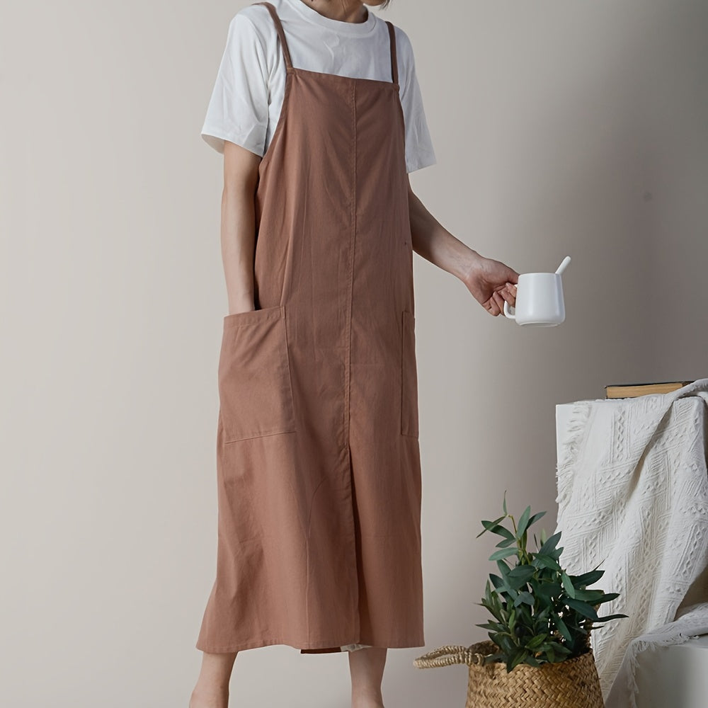 Waterproof Cotton-Linen Apron, Korean Style Japanese Adjustable Pinafore with Pocket, 1pc