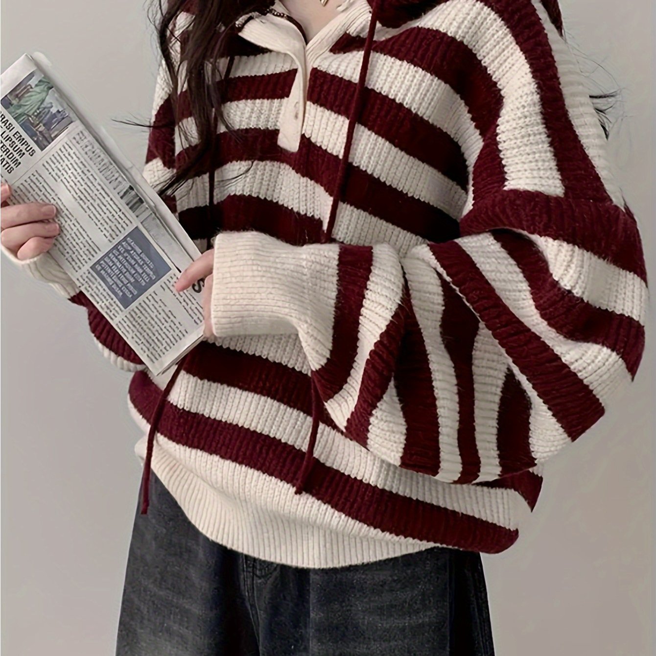 Women'S Oversized Striped Hooded Sweater - Cozy Long Sleeve Pullover with Burgundy & White Horizontal Stripes, Soft Fabric for Fall Winter Casual Chic Outfits, Sweater Hoodie, Autumn Wardrobe Essential, Comfortable Clothing,