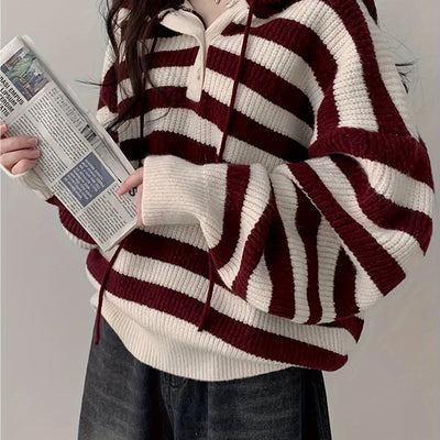 Women'S Oversized Striped Hooded Sweater - Cozy Long Sleeve Pullover with Burgundy & White Horizontal Stripes, Soft Fabric for Fall Winter Casual Chic Outfits, Sweater Hoodie, Autumn Wardrobe Essential, Comfortable Clothing,