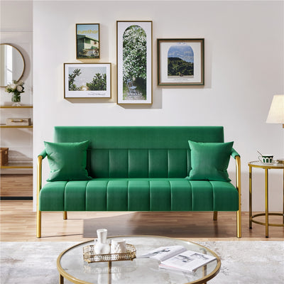 Costoffs Velvet Fabric Sofa Couch, 56.5″ W Modern Loveseat Couch with Gold-tone Metal Arms, Legs & 2 Pillows, Sofa for Living Room, Bedroom Furniture, Halloween Gift, Pink/Green/Gray