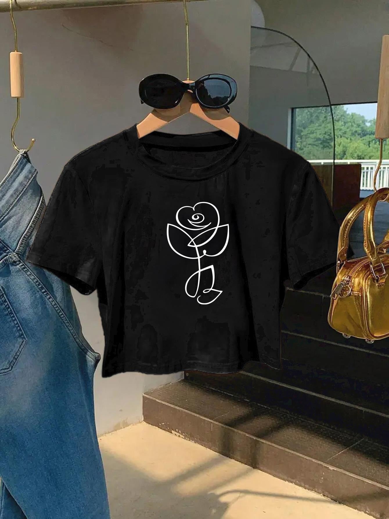 Red Rose Print Cropped T-Shirt