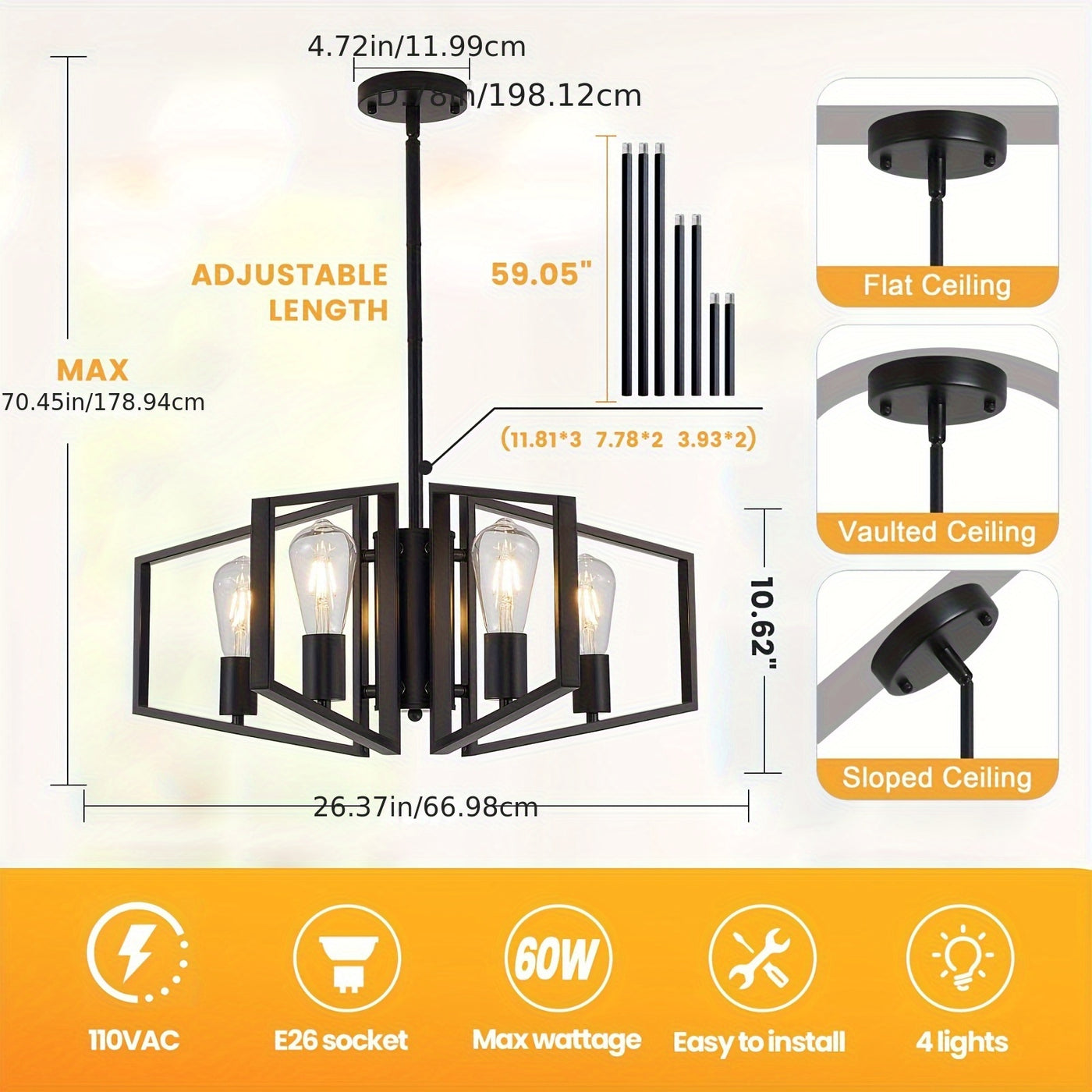 Modern Chandelier, 4Light & 8-Light Farmhouse Dining Room Light Fixture, Modern Industrial Chandelier For Living Room, Bedroom, Foyer, Stairway, Entryway