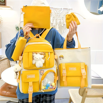 New Five-piece Backpack Korean Version Of The School Bag Women's Lightweight Harajuku Ins Casual Backpack Cute Bear Pendant Backpack