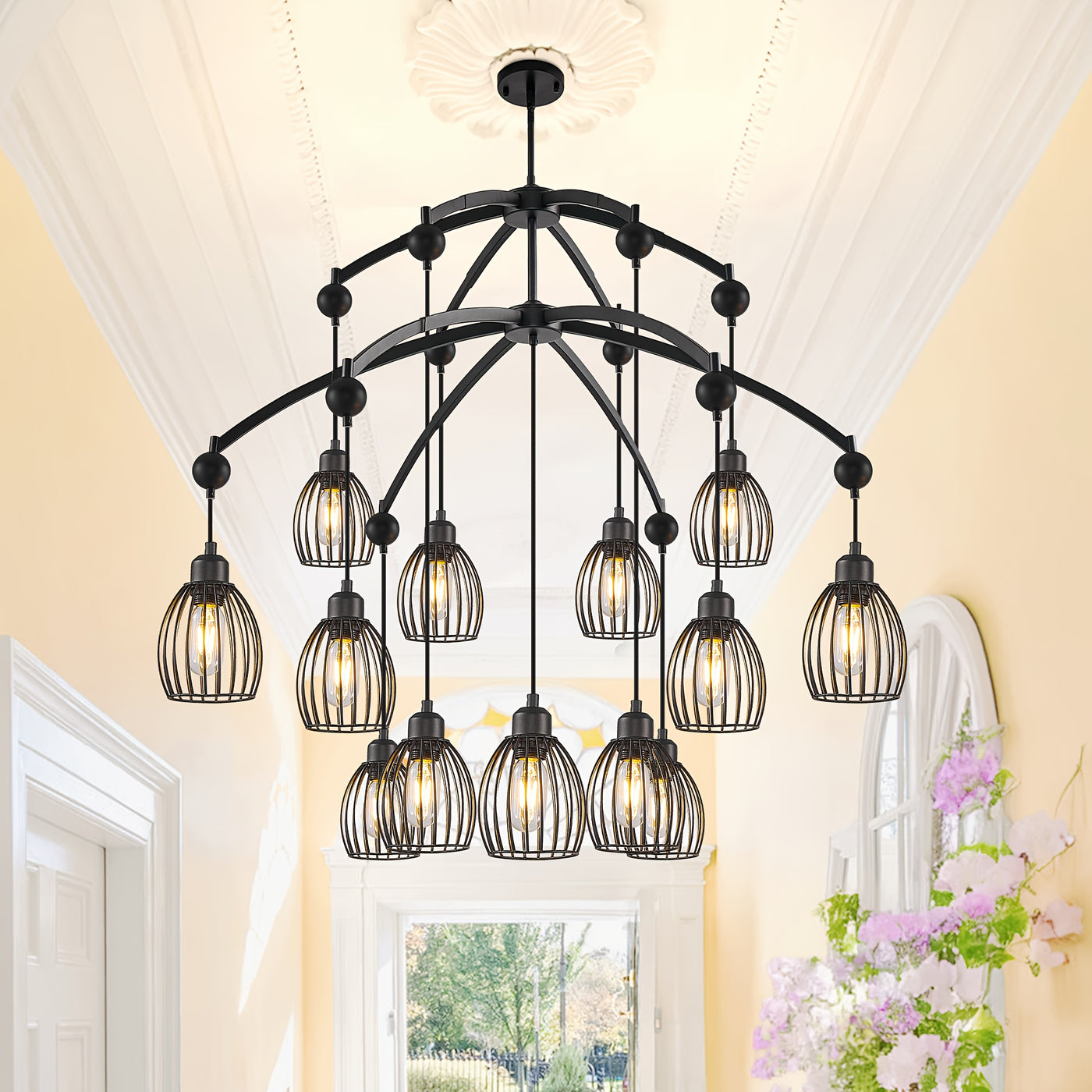 5/7/13-Light Modern Industrial chandelier - Matte Black linear pendant light with Adjustable height, Semi-Flush mounting, Heavy-Duty Metal Construction for Kitchen Island, Dining Room, Living Room, Bedroom - Compatible with d