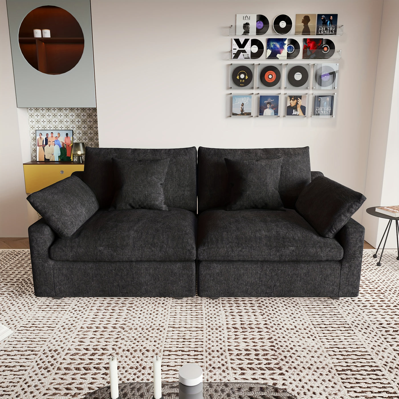 Modern Black Linen Sectional Sofa with Adjustable Backrest Pillows & Slope Armrests - 83-Inch Compact L-Shaped 2-Seater, Plush Cushions, Breathable Fabric, Frame - Ideal for Small Spaces, Apartments, Living Rooms - Sofa Bed C