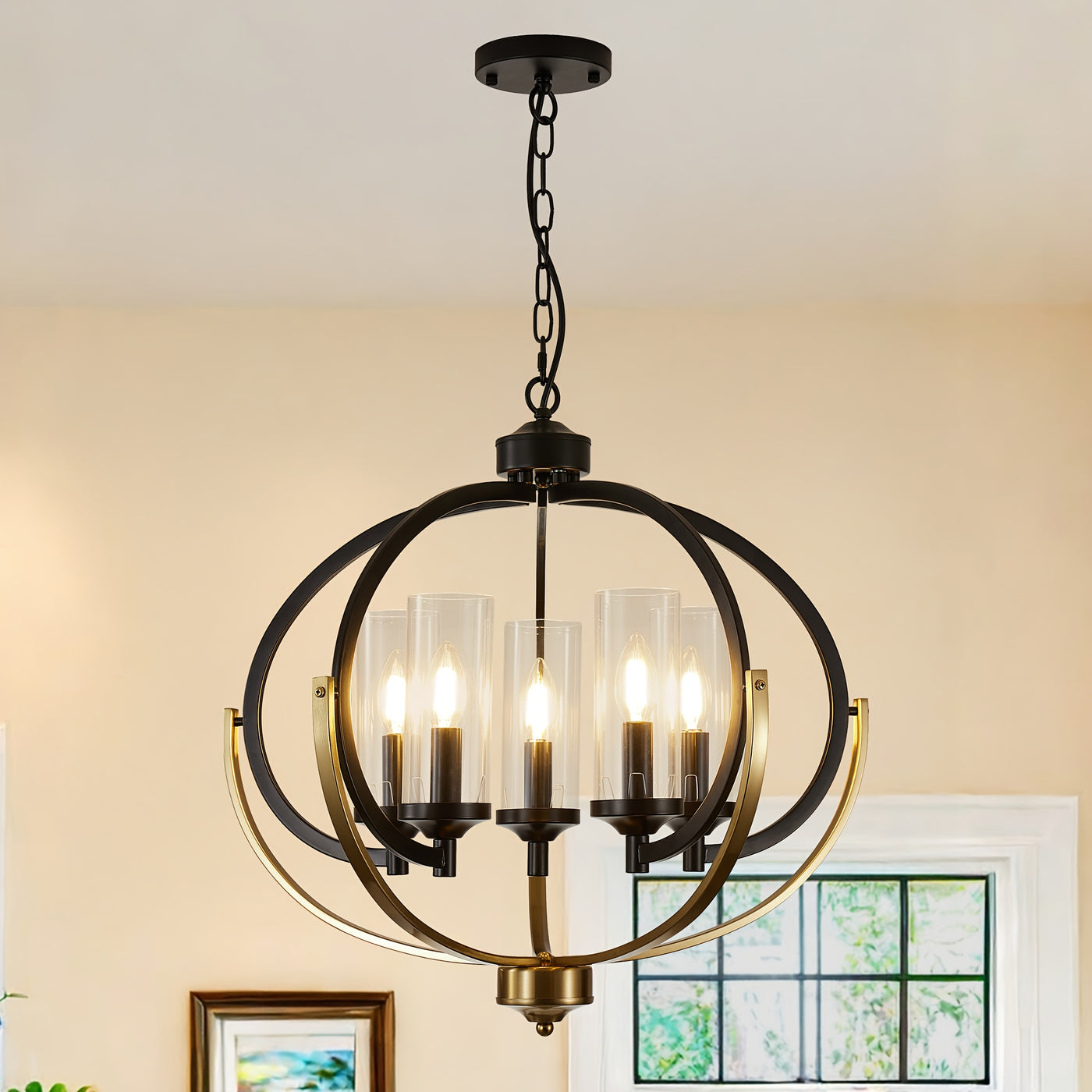 5-Light Black And Golden Chandelier, 24" Farmhouse Dining Room Light Fixture, Adjustable Hanging Ceiling Lantern Pendant Light, with Glass Shade Globe Chandeliers, for Kitchen, Bedroom, Foyer, Chandelier For Dining Room, Chan