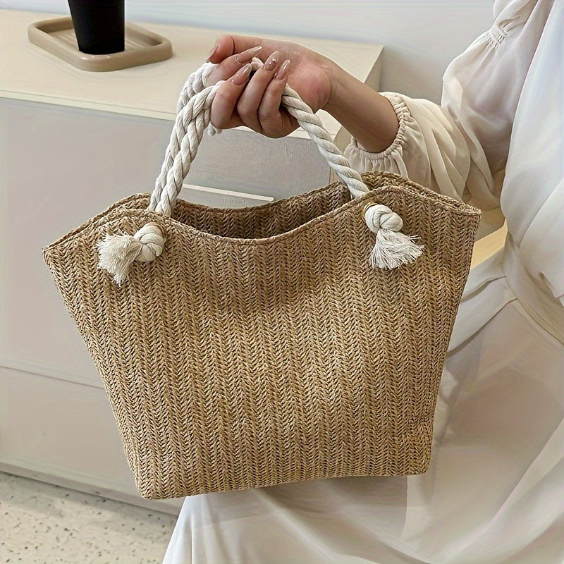 2024 Ladies Large Capacity Beach Bag Handbag, Versatile Fashion Korean Fashion Shoulder Bag, Pastoral Style Woven Bag