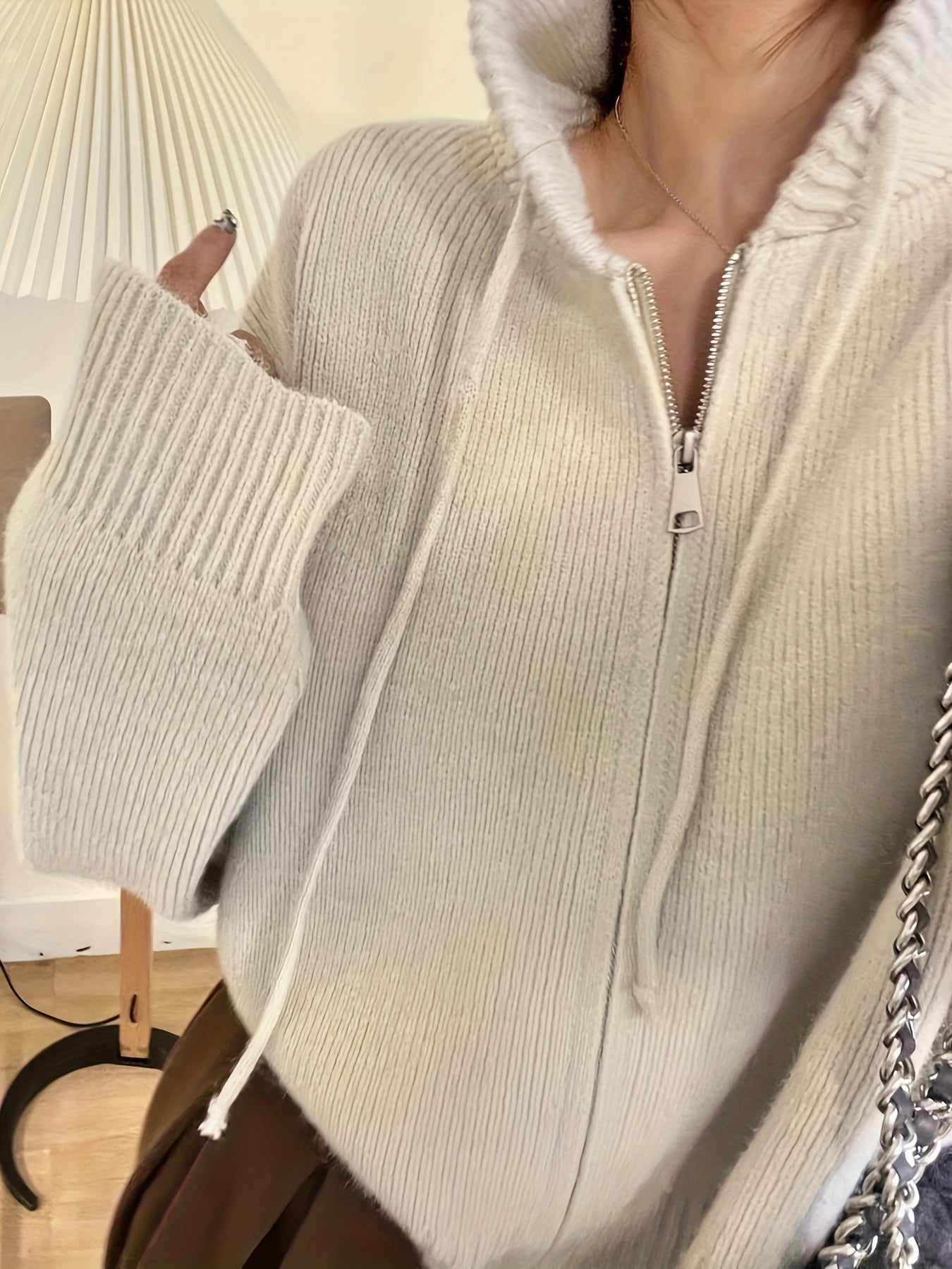 Solid Zipper Drawstring Hooded Cardigan, Casual Long Sleeve Loose Cardigan For Fall & Winter, Women's Clothing