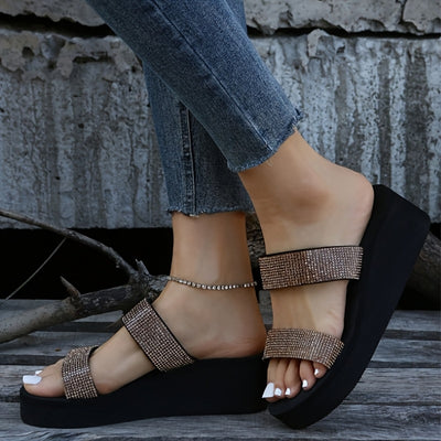 2025 Summer Elegant Women's Rhinestone-Decorated Double-Belt Strap Flat Wedge Sandals - Open-Toe Breathable Fabric Upper, Soft EVA Insole & Non-Slip Rubber Sole for Daily Wear & Vacation - Japanese/Korean Inspired Design, Str
