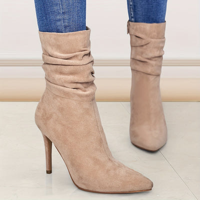 Women's Plain Fashionable Mid-Calf Boots with Zipper for Comfort and Casual Wear, Round Toe in the Middle of Calf
