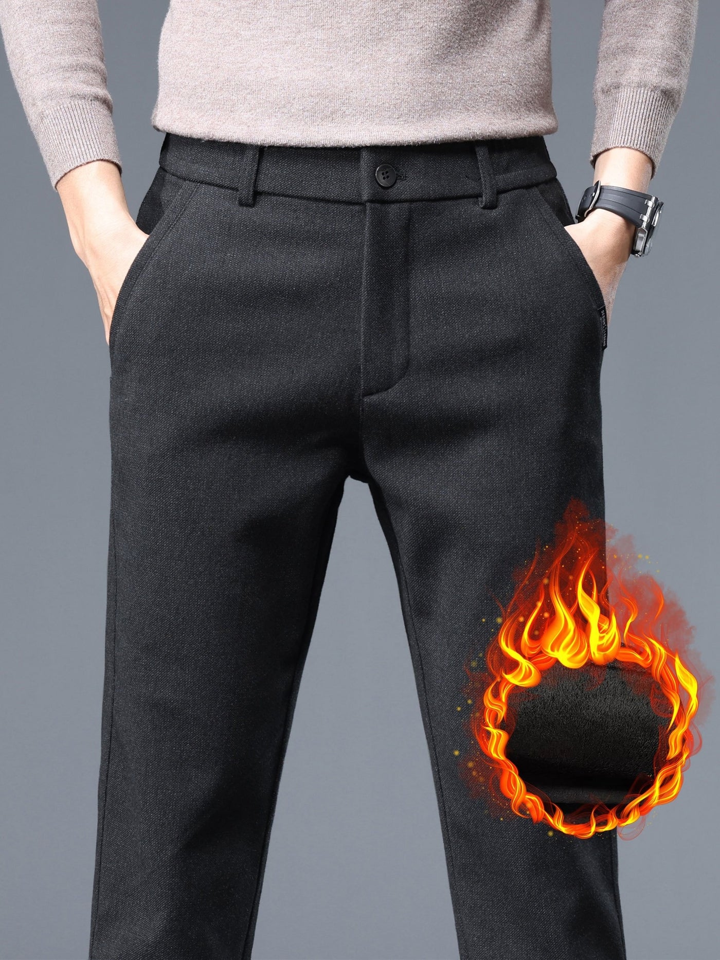 Men's Thermal Padded Slim Fit Trousers, 8891# Winter Woolen Men's Pants, Korean Style Business Casual, Polyester Blend, Regular Length, Zipper Closure, Straight Leg, Mid-Waist, Embroidery Detail, 420gsm