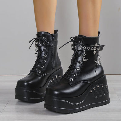Women's Slip-On Chunky platform boots - Punk-chic ankle boots with non-slip rubber outsole, Faux Cover Shoes for Everyday & special events - Easy Slip-On Closure (Black), Wide Width Boots for Women, Womens Footwear, Woman Hig