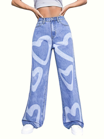 Printed Heart Fashion High Waist Korean Version Straight Leg Casual Loose Wide Leg Denim Pants Cute Christmas Gift Cool