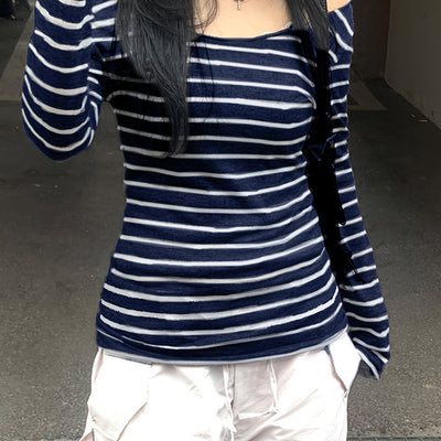 Japanese and Korean Special Targeted Elegant Basic Large Round Neck Slimming Long Sleeve Striped Top