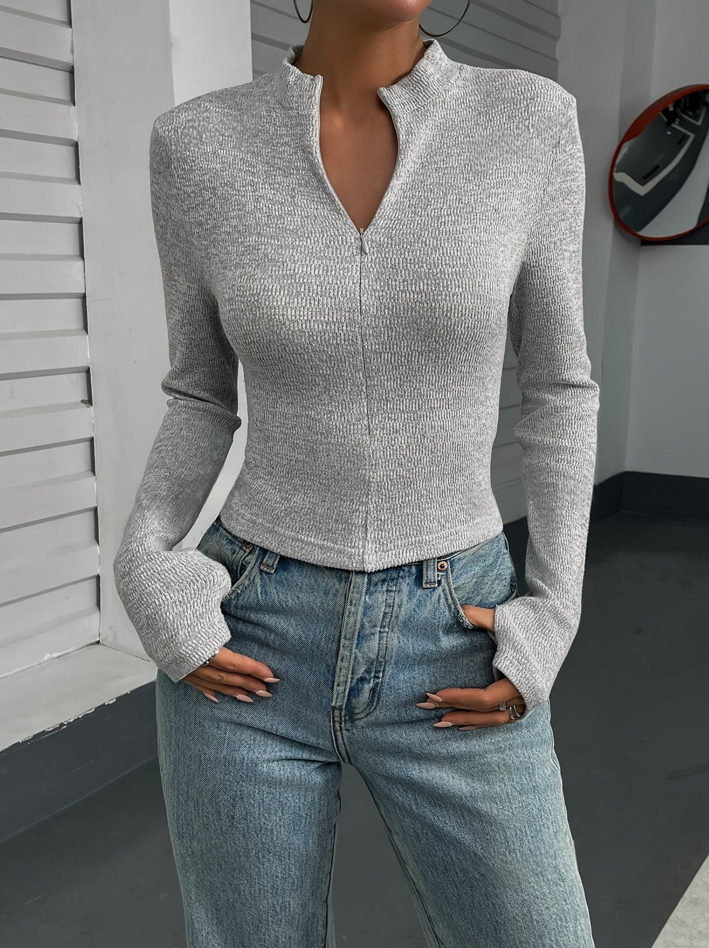 Women'S Elegant Long Sleeve Slim Fit T-Shirt, Polyester 100%, High Neck Solid Color Knit Fabric, Regular Length for Spring/Fall - 230g/m²