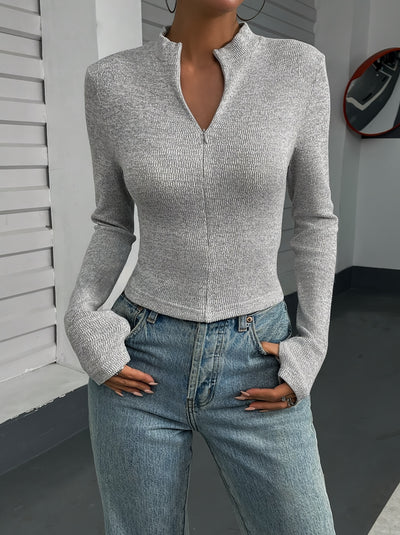 Women'S Elegant Long Sleeve Slim Fit T-Shirt, Polyester 100%, High Neck Solid Color Knit Fabric, Regular Length for Spring/Fall - 230g/m²