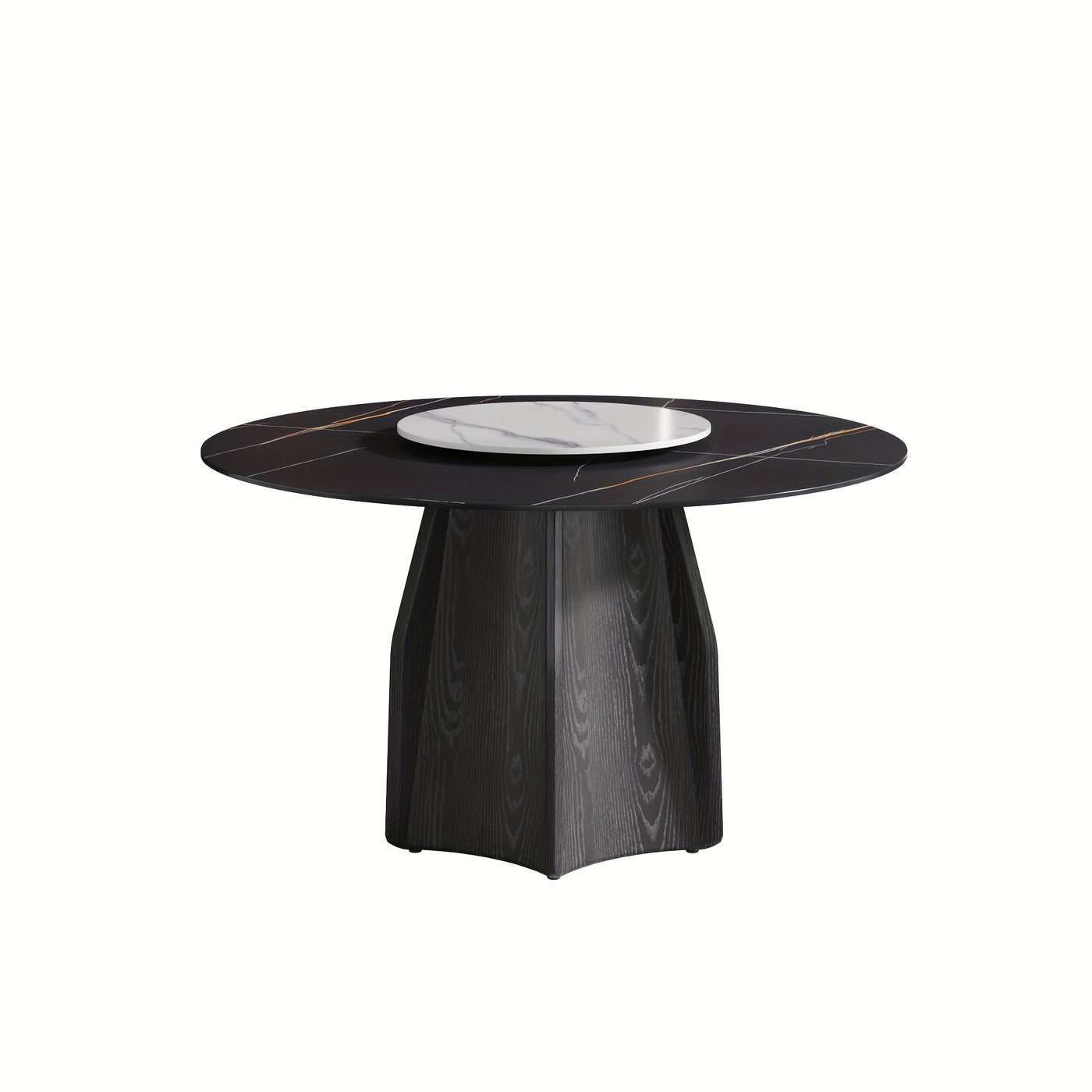 Modern Black Marble Round Dining Table with Lazy Susan - Glossy Sintered Stone Finish, Unique Metal Legs, Seats 4-6, Perfect for Kitchen or Dining Room, Elegant and Functional Design