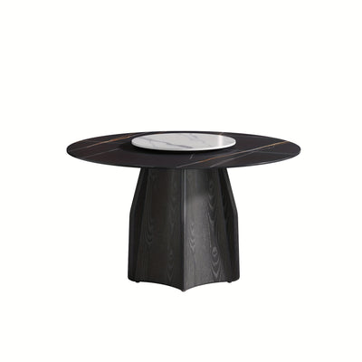 Modern Black Marble Round Dining Table with Lazy Susan - Glossy Sintered Stone Finish, Unique Metal Legs, Seats 4-6, Perfect for Kitchen or Dining Room, Elegant and Functional Design