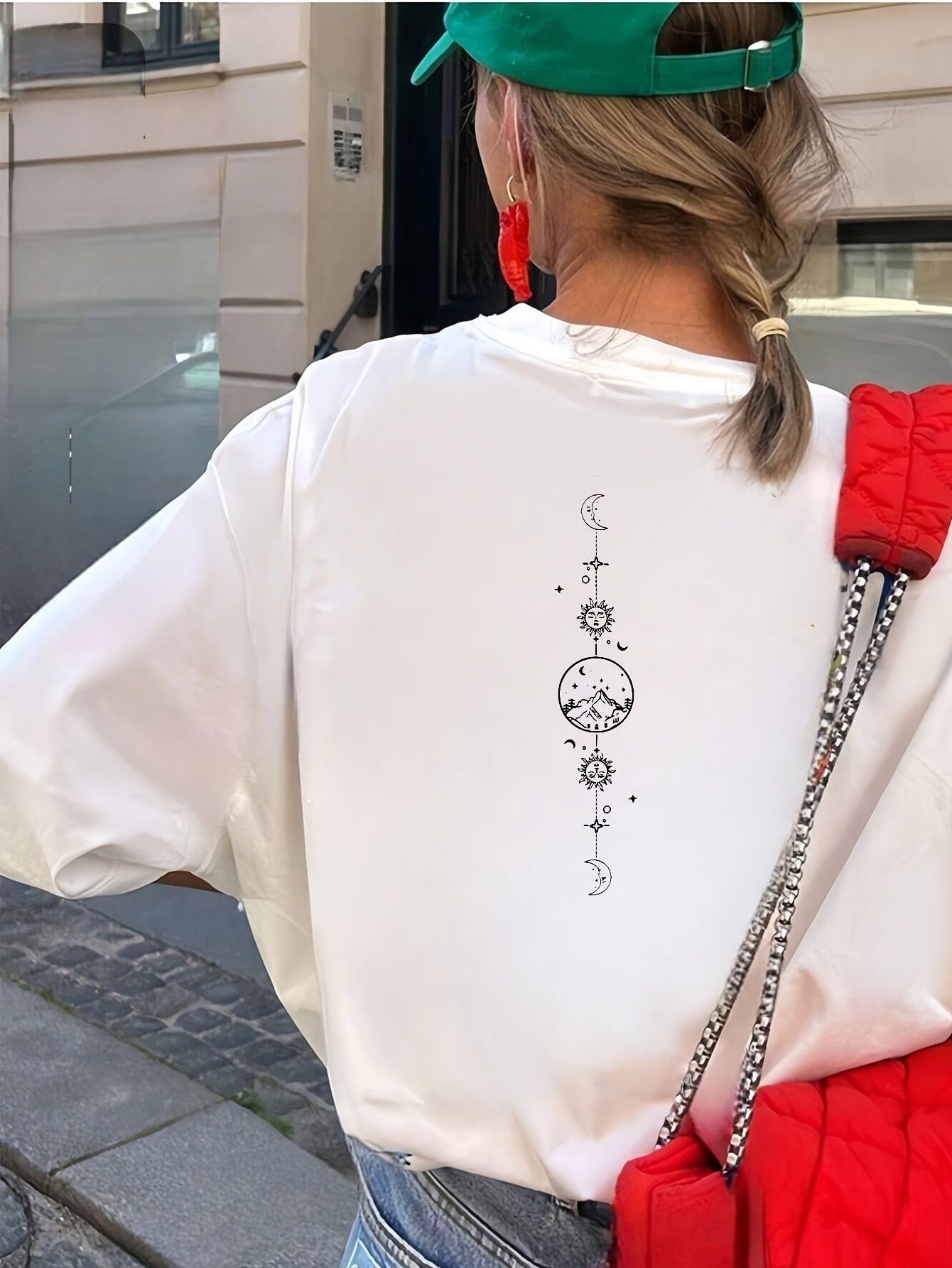 Women's Black & White Celestial Print Short Sleeve T-Shirt - Front & Back Moon & Stars Graphic, Medium Stretch Round Neck Casual Top, Machine Washable All-Season Comfort Fit, Everyday Top | Stylish Back Print | Quality Casual