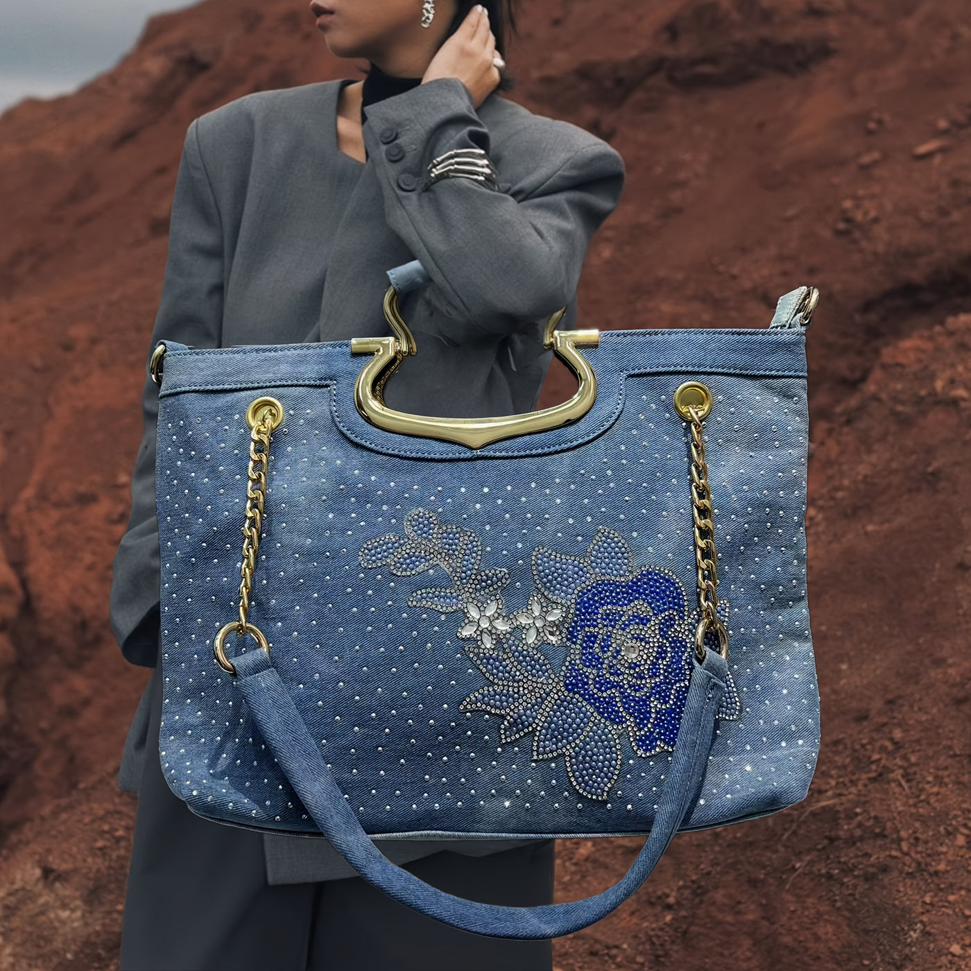 Ladies' Fashionable Inlaid Elegant Handbag, Floral Pattern Street Style Y2K Spicy Printed Shoulder Bag, Suitable for Work, Commuting, Dating, Parties, Gradient Diamond Decoration Shoulder Bag