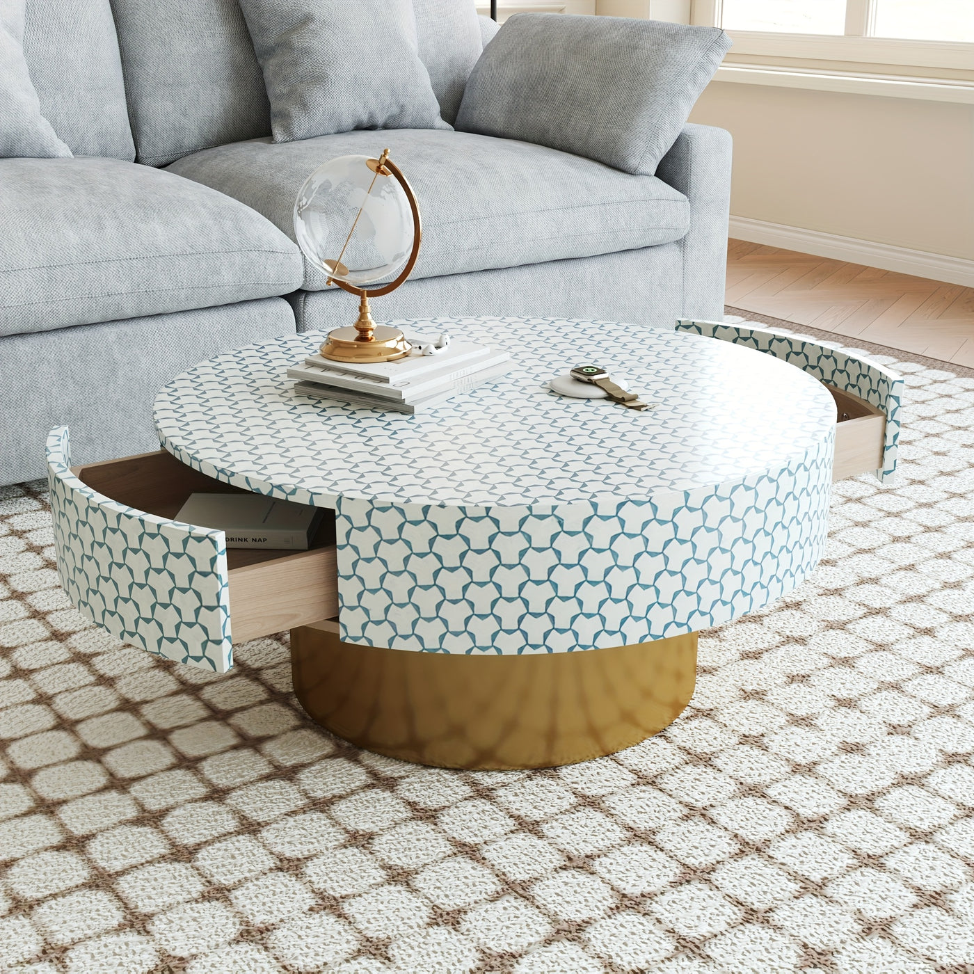 32.5" Round Coffee Table with 2 Large Drawers - Mid-Century Modern Living Room Center Table, Heavy-Duty Metal Construction, Easy Assembly, Golden Accent base for Small Spaces, Apartments, Offices - Space-Saving Storage Organi
