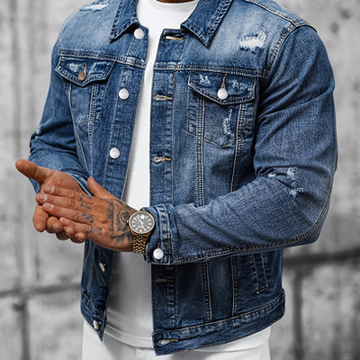 Men'S Slim Fit Jeans Jacket - Non-Stretch Denim Coat, Classic Button Closure, Edgy Streetwear Look for Teens & Adults, Casual Everyday & Formal Outfits, Versatile Layering, Korean Fashion, Durable Fabric, Stylish Outerwear, F