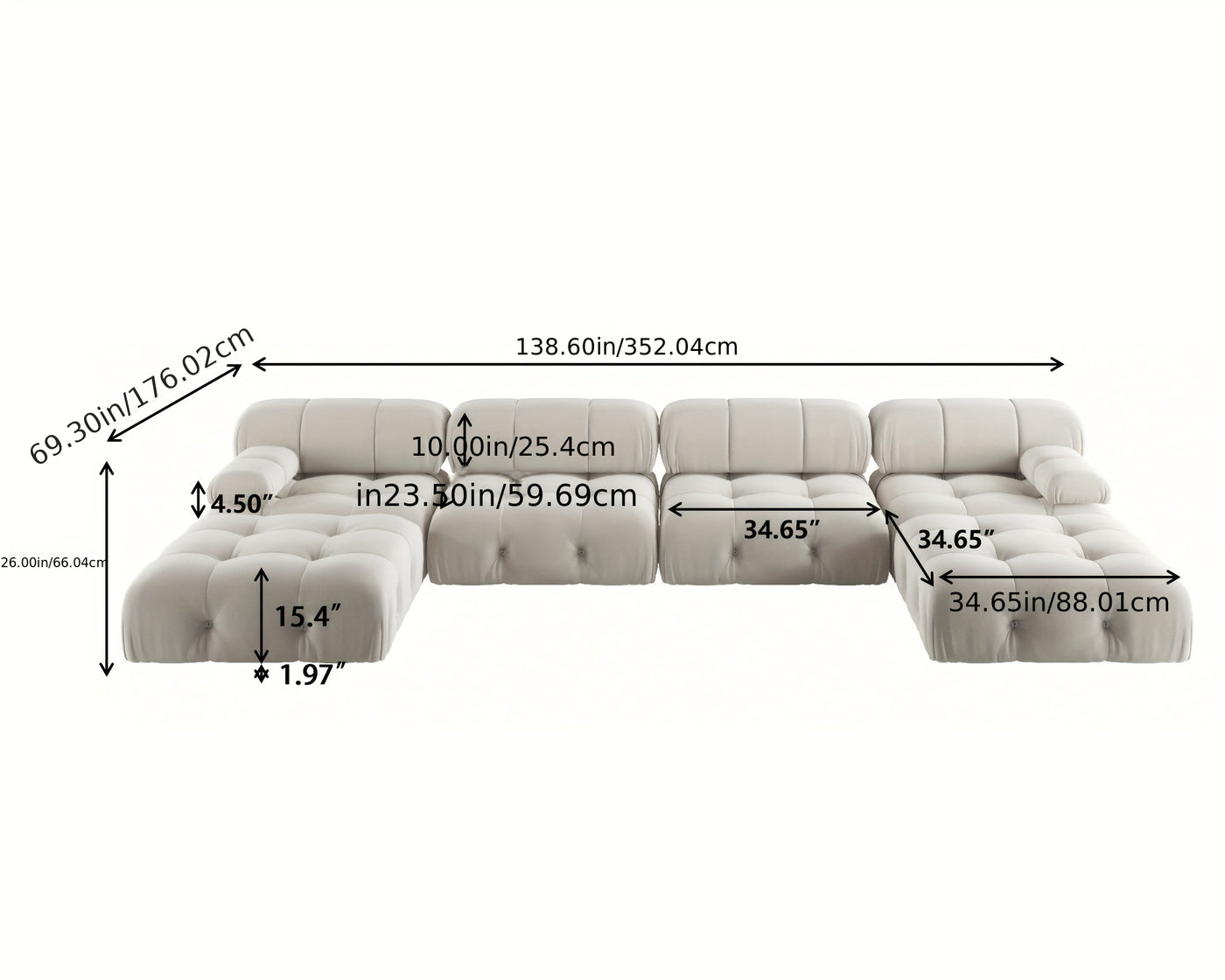 U-Shaped Minimalist Velvet Sofas, 138.6" Convertible Modular Sectional Couch, Modern Comfy Sectional Couches with 2 Chaise Ottomans for Living Room Office Apartment
