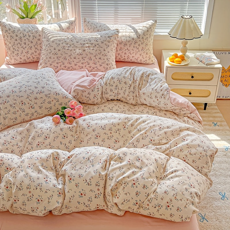 3pcs Korean Style Duvet Cover Set, New American Floral Duvet Cover Set with 1 Single Duvet Cover + 2 Pillowcases, Comfortable and Breathable, Machine Washable, Non-Fading and Deforming, Suitable for All Seasons, Light Beige-F