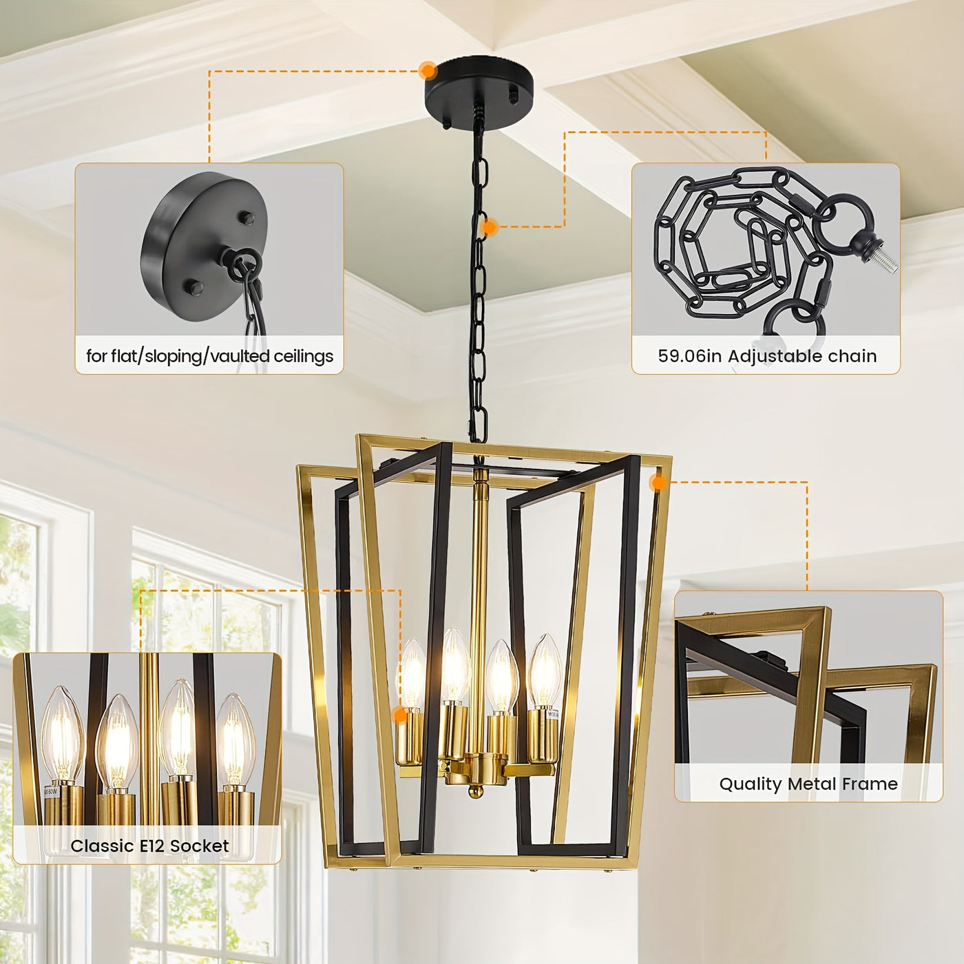 4-Light Adjustable Height Chandelier, Modern Farmhouse Geometric Metal Pendant Light Fixture with Polished Golden Finish & Rust-Resistant Powder Coating, E12 Base for Kitchen Island, Entryway, Foyer, Dining Room, Chandeliers