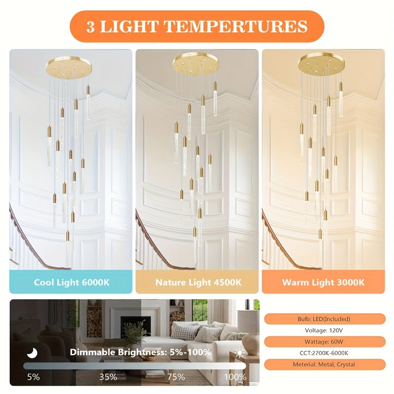 Modern Chandelier, 118" Long LED Crystal Chandeliers, Flush Mount Ceilings Pendant Light Fixtures, Staircase Chandeliers For High Ceilings, Farmhouse For Foyer
