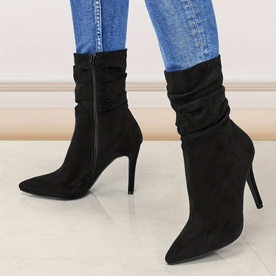 Women's Plain Fashionable Mid-Calf Boots with Zipper for Comfort and Casual Wear, Round Toe in the Middle of Calf