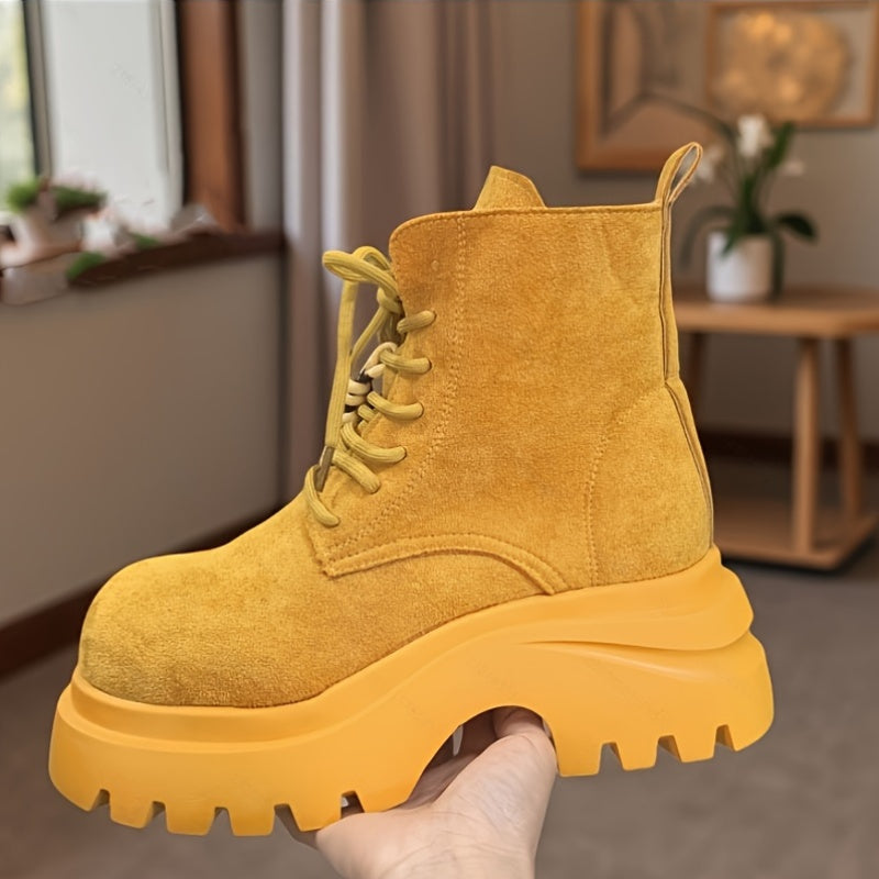 Women'S Chunky Platform Ankle Boots - Mustard Yellow Lace-Up Boots with Non-Slip Rubber Sole, Round Toe & Thick Heel for Casual & Formal Outfits - Spring/Fall Fashion Footwear, High Heel Boots, Versatile Footwear, Durable Con