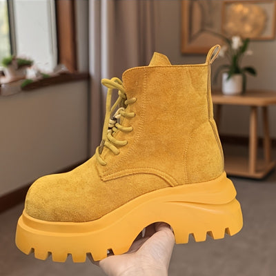 Women'S Chunky Platform Ankle Boots - Mustard Yellow Lace-Up Boots with Non-Slip Rubber Sole, Round Toe & Thick Heel for Casual & Formal Outfits - Spring/Fall Fashion Footwear, High Heel Boots, Versatile Footwear, Durable Con