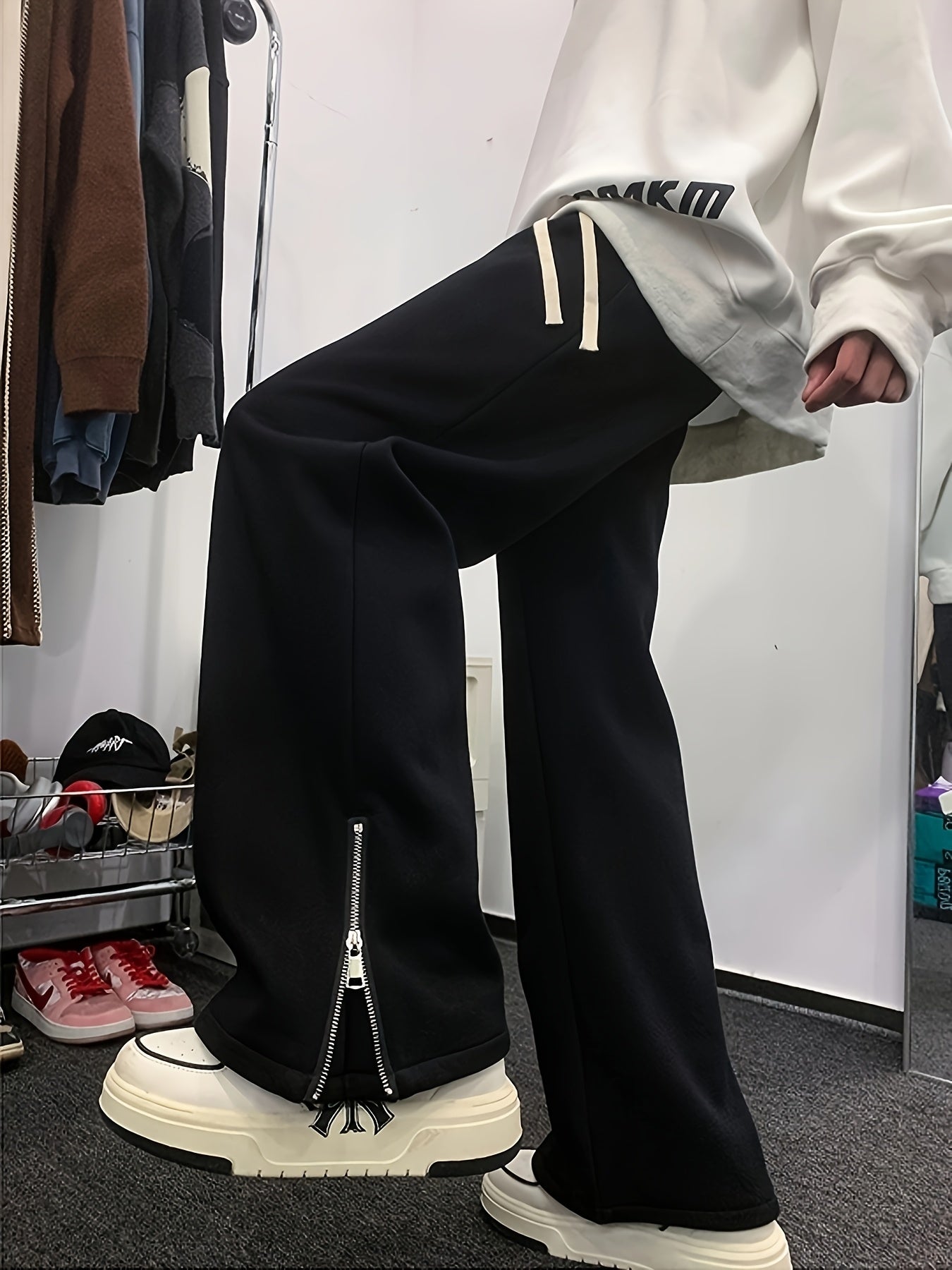 Men'S Casual Straight Leg Pants with Side Zipper, All-Season Korean Style Loose Fit, Slimming Polyester 100% Woven Fabric, 160gsm Lightweight, Regular Length, for Teens - Vibe American Trendy Split Ankle Trousers