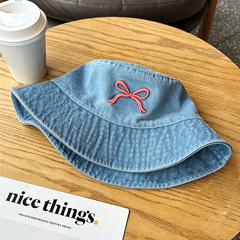 1pc - Korean Style Embroidered Bow Fisherman Hat for Spring And Summer Outings, Sun Protection, Denim Bucket Hat for Women, Casual And Versatile, Makes The Face Look Smaller.