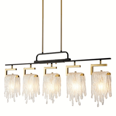 Dining Room Light Fixture/Chandelier Over Table, 5-Light Kitchen Island Lighting, Hanging For Farmhouse Linear Chandeliers, Black And Golden Ceiling Pendant Light Fixtures, With Glass Shade