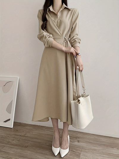 Women's Elegant Solid Color Mid-Length Dress with Shirt Collar, Side Tie Waist, Long Sleeves, Button Detail, A-Line Silhouette, Polyester, Spring/Autumn Fashion, Korean Style