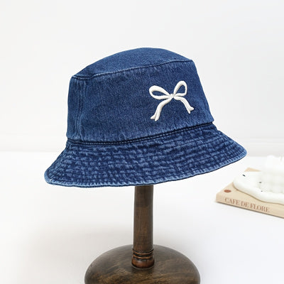 1pc - Korean Style Embroidered Bow Fisherman Hat for Spring And Summer Outings, Sun Protection, Denim Bucket Hat for Women, Casual And Versatile, Makes The Face Look Smaller.