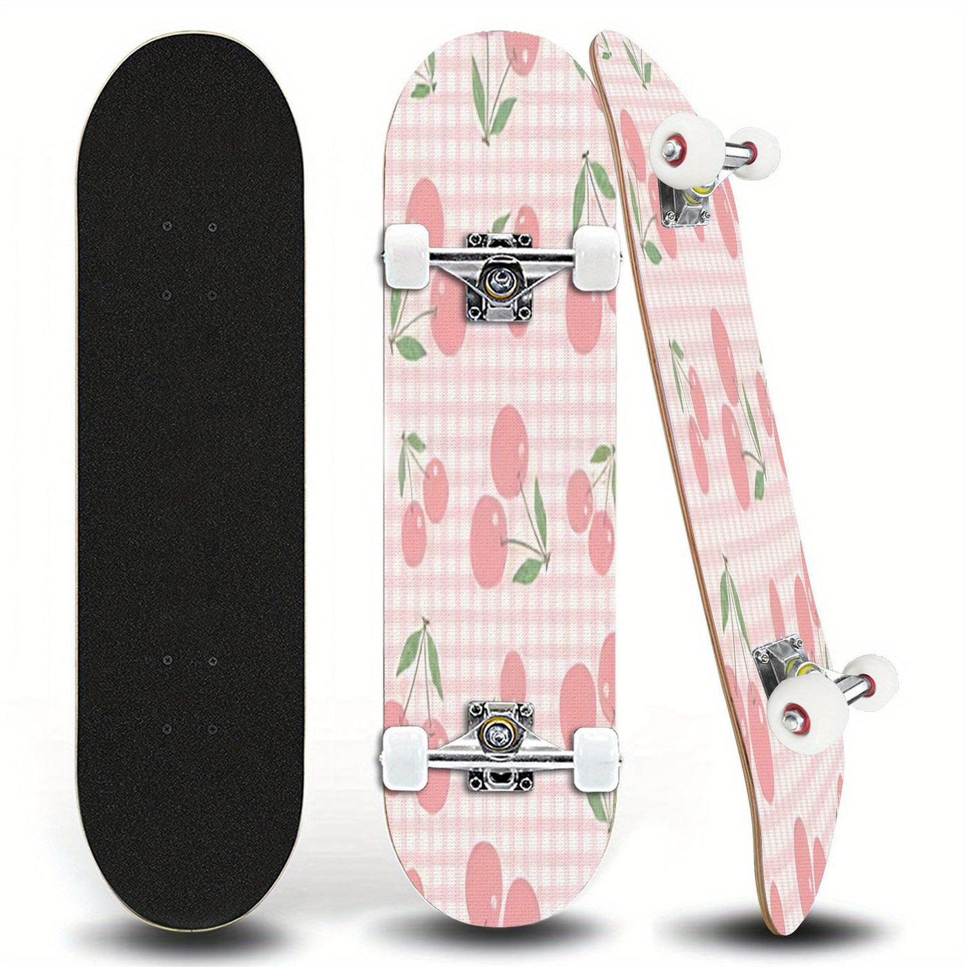 Women's Cute Cherry Blossom Skateboard with Heart Cutouts & Smooth Edges - Pastel Pink & White Checkered Grip Tape, White Trucks, Pink Wheels - All Skill Levels, Ideal for Beginners & Holiday Gifts (Girls' Street Skateboard)