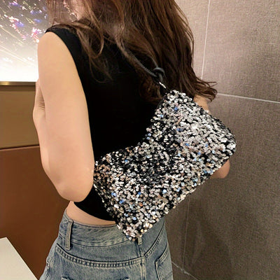 Urban Essentials, Chic Black Sequin Shoulder Bag for Women - Trendy Korean Style, Lightweight Nylon Handbag with Fixed Strap and Zip Closure, Polyester Lined