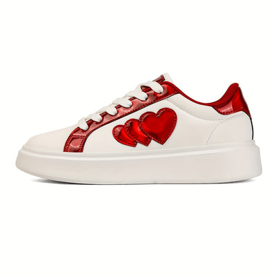 Casual Flat White Shoes, Versatile Korean Style for All Seasons, Harajuku Student Heart-Shaped Lace-Up Sneakers, Fashionable Lightweight Women'S Shoes, New Thick-Soled Platform Shoes.