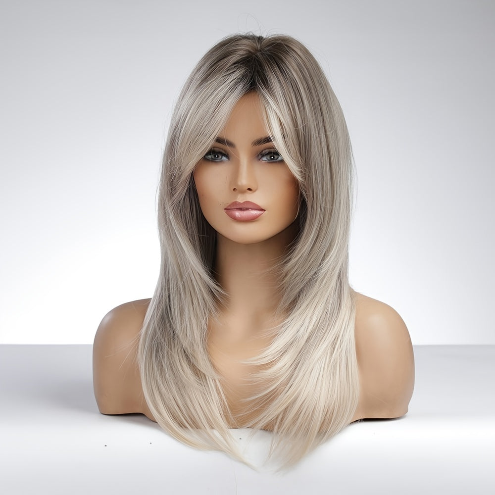 [Ombre Gray Heat Resistant Wig] Heat Resistant Long Straight Ombre Gray Wig - Elegant Women's Layered Synthetic Wig with Rose Net Cap for Daily Use & Cosplay